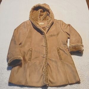St. John's Bay Pea Coat Sueded Fabric Faux fur‎ Warm hooded Botton closure long